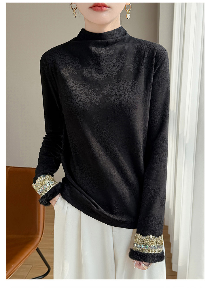 新中式刺绣提花半高领加厚保暖打底衫·黑色