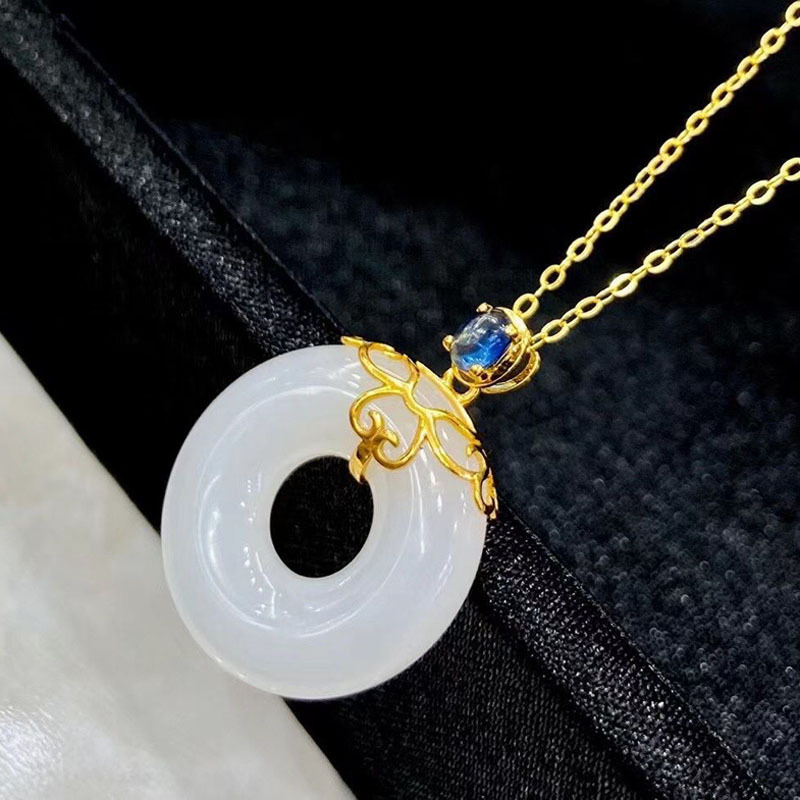 超值老冯记18k金镶和田玉羊脂玉圆环平安扣原创设计吊坠