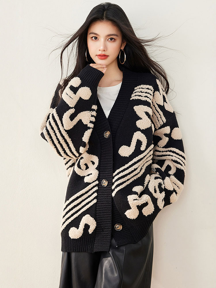 爆款设计感V领宽松加厚保暖时尚开衫·黑色