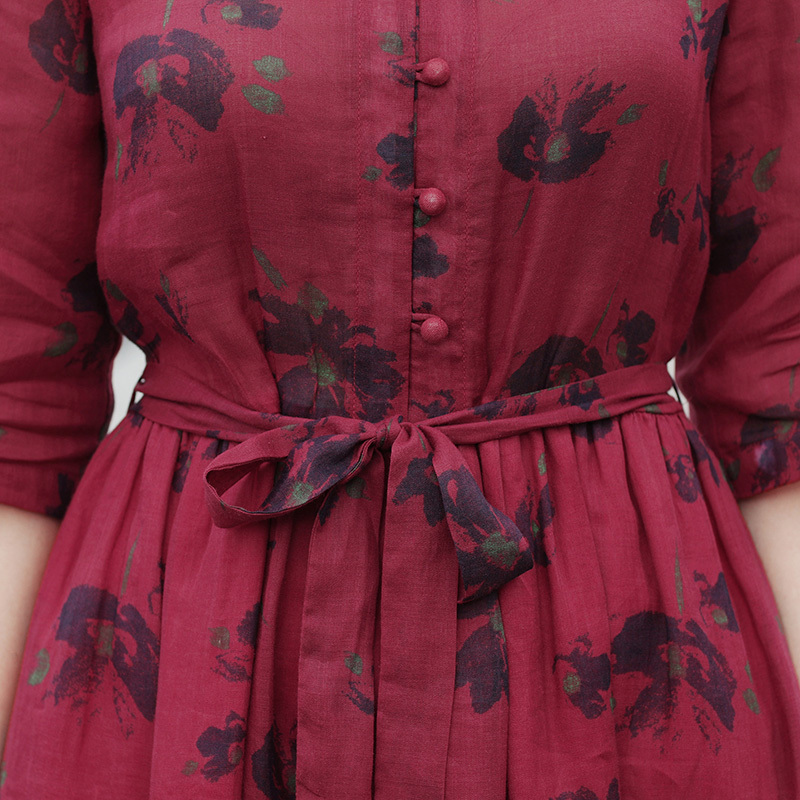 丁摩 新款旅行文艺苎麻印花连衣裙袍子有腰带19-QL127·红色