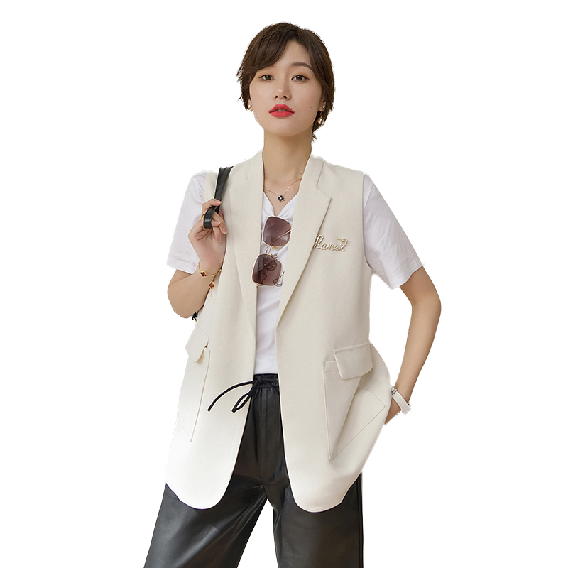 丁摩 配胸针 西装马甲外套纯色中长款翻领秋季新款127473·白色