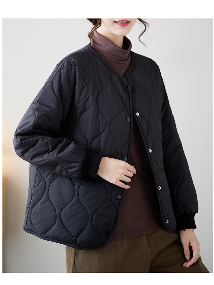 时尚花纹开扣口袋保暖百搭棉服外套·黑色