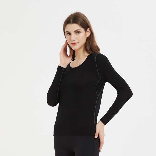 [质数n]女超细羊毛圆领长袖T恤·黑色