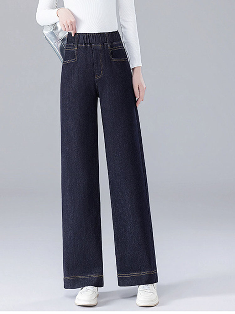 雀说 松紧高腰弹力直筒牛仔裤休闲裤子308·丹宁色八分【身高155以下】