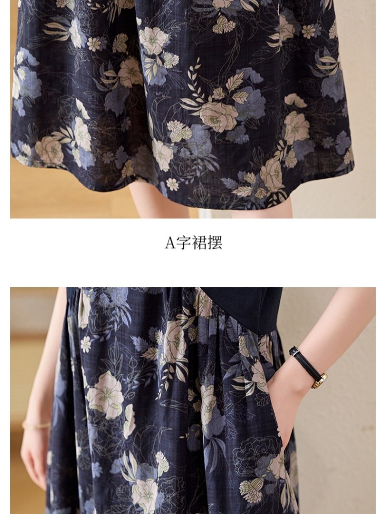布客棉麻拼接印花宽松连衣裙BKZYF8821·藏青色