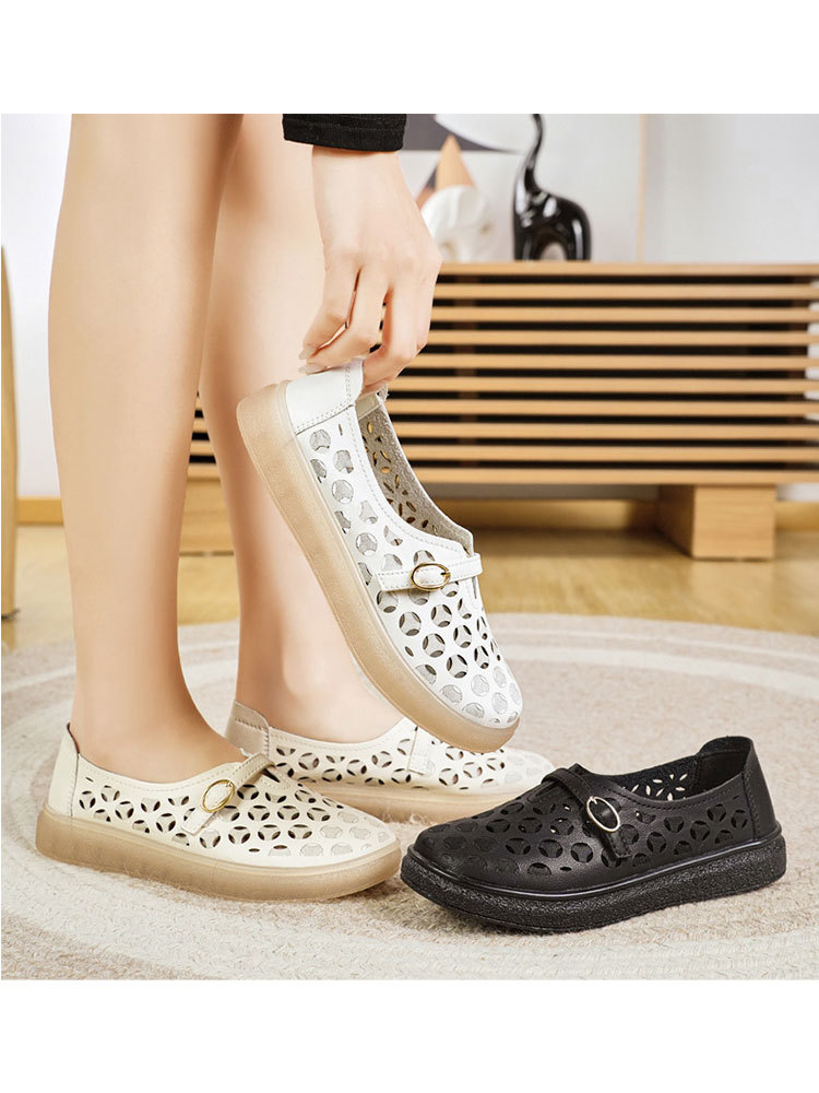 牛皮镂空复古魔术贴舒适透气防滑百搭单鞋·米色