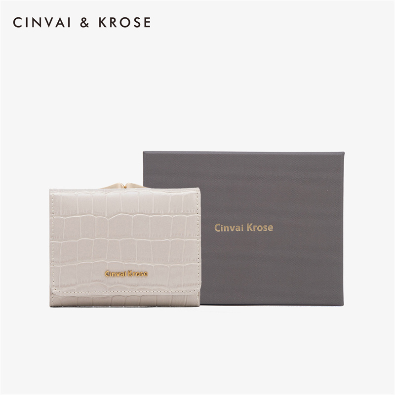 CinvaiKrose 钱包女短款牛皮多功能零钱包皮夹K6034·米白色