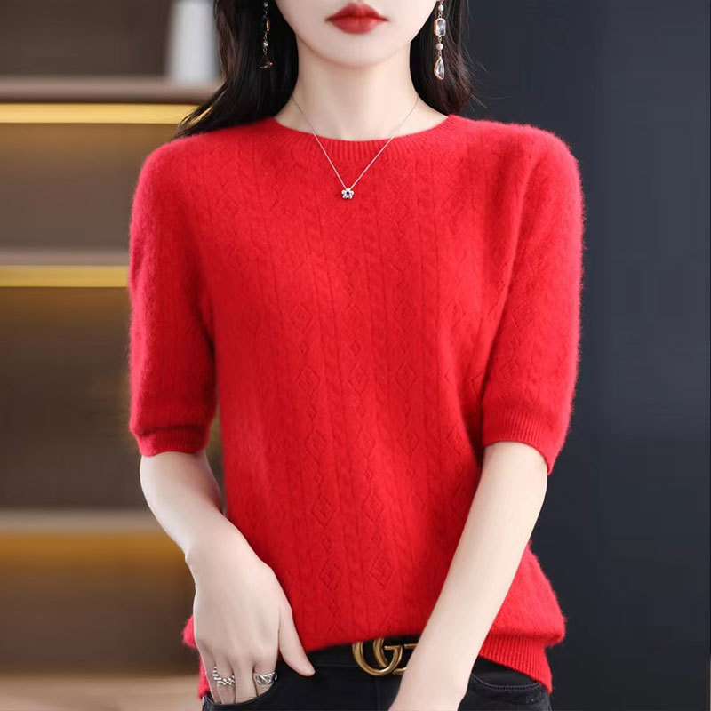 布休依-泓凯-春款全羊绒中袖镂空提花针织衫·红色