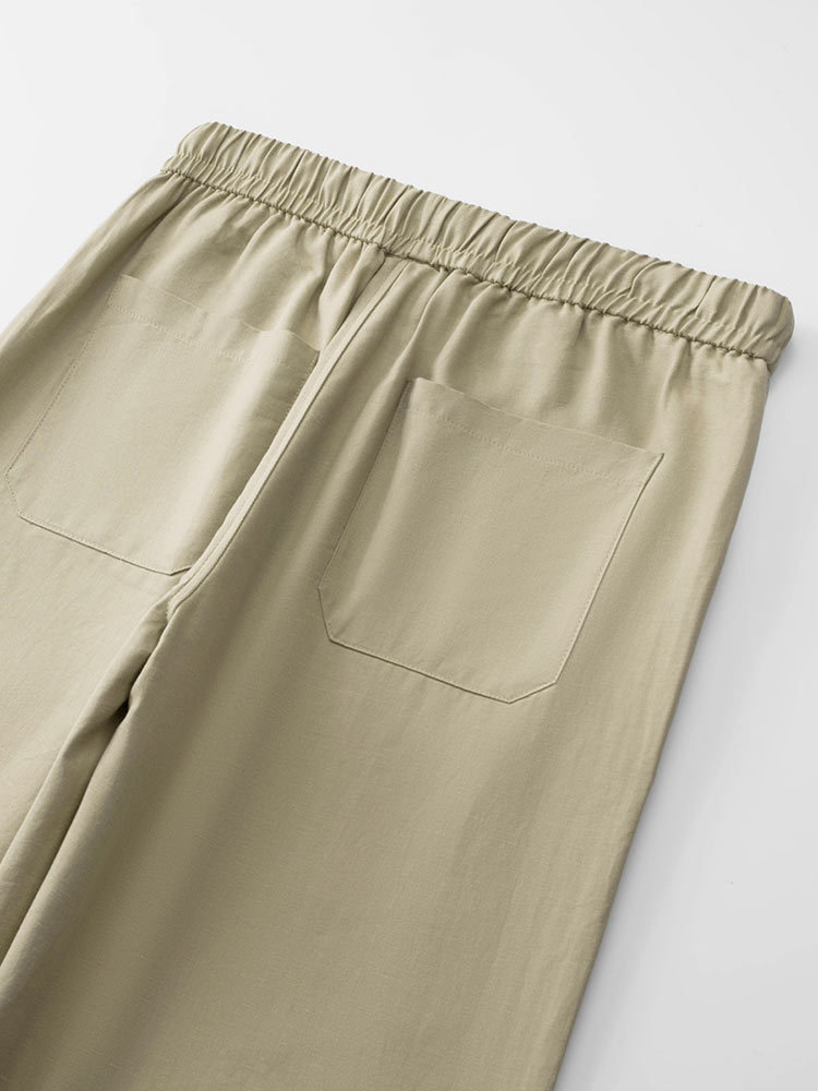 天丝棉麻松紧腰抽绳宽松男士直筒裤CK103#·藏青色