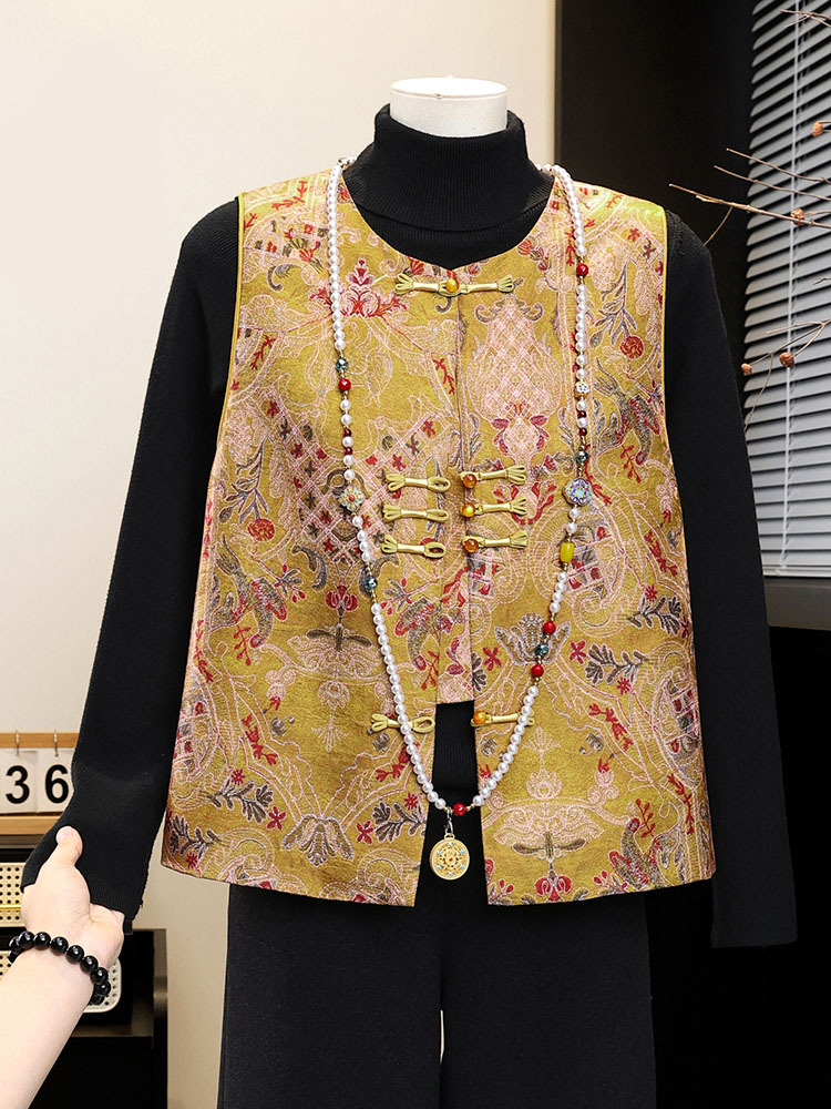 新款国风提花盘扣气质减龄马甲·粉色