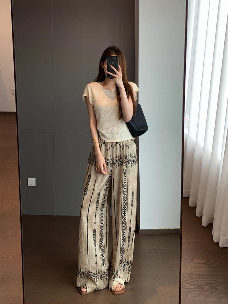 婵阅专柜高货柜3000+波西米亚风 莱赛尔亚麻清爽透气褶皱肌理松紧腰直筒阔腿裤·26658-卡其