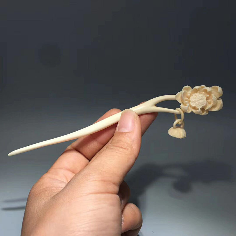 老冯记猛犸象牙精工莲花发簪优雅古国风十足上身古朴典雅大师手工精雕