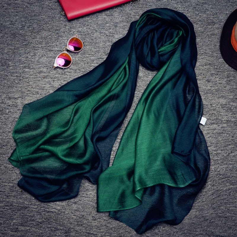 桑蚕丝棉长款渐变色优雅时尚披肩围巾·1号墨绿色