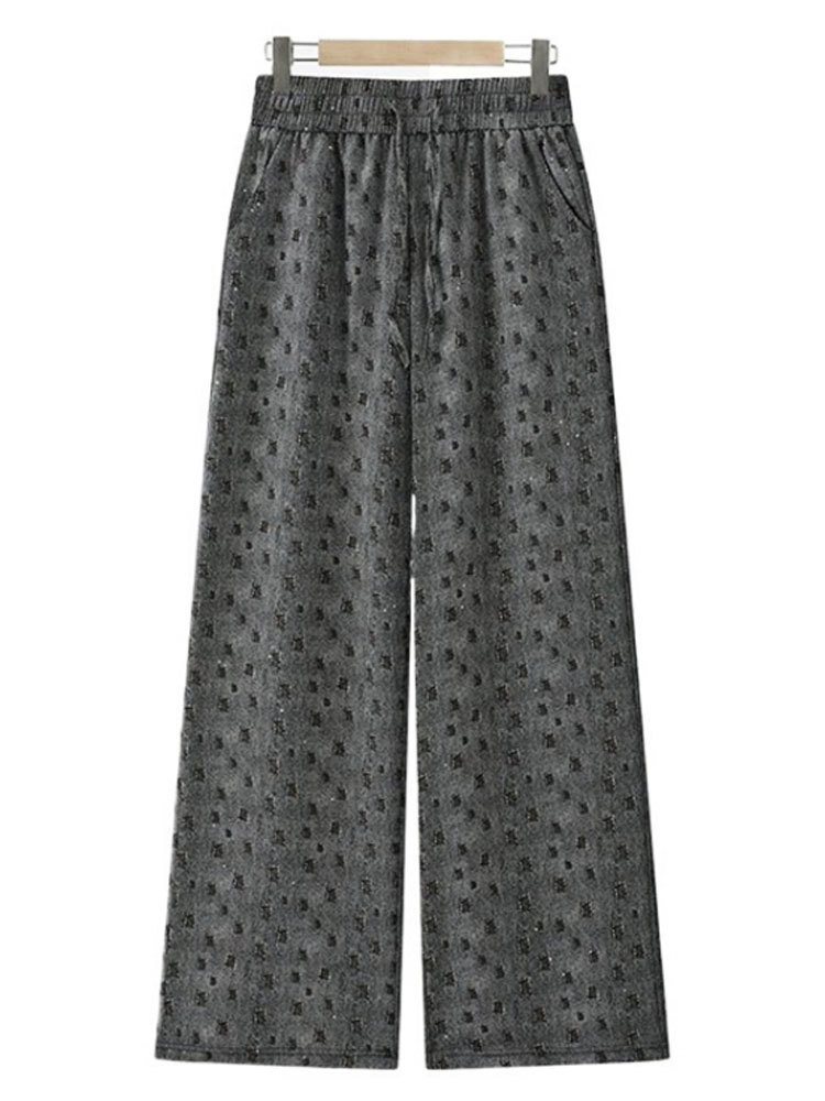 百搭花型松紧腰系带直筒阔腿裤2618#·牛仔灰