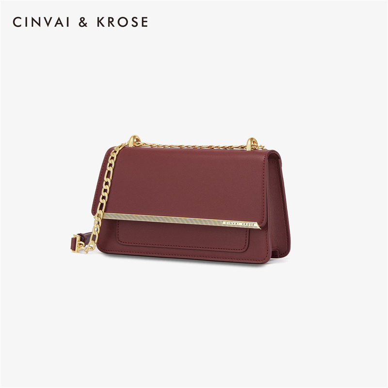CinvaiKrose 牛皮包包新款时尚斜挎小方包女士链条单肩包潮女包B6288·酒红色