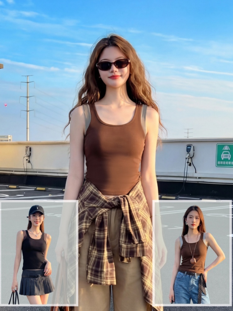 【天丝带胸垫】赛蔻高弹撞色假两件背心S133·栗棕色