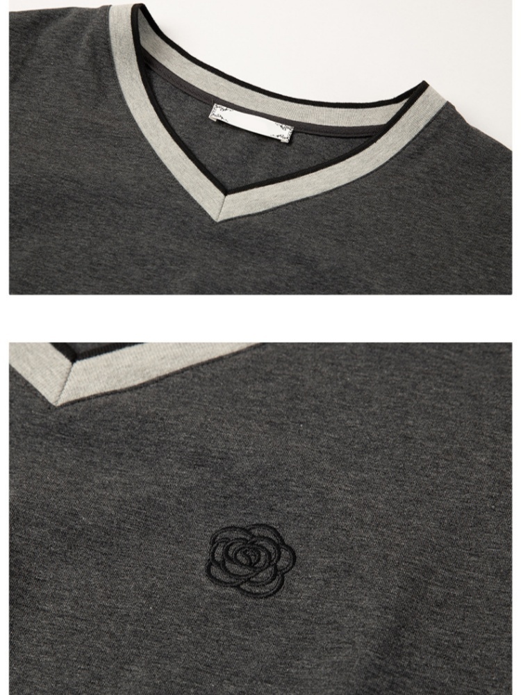凯诗帕绣花拼接V领T恤6418·花黑
