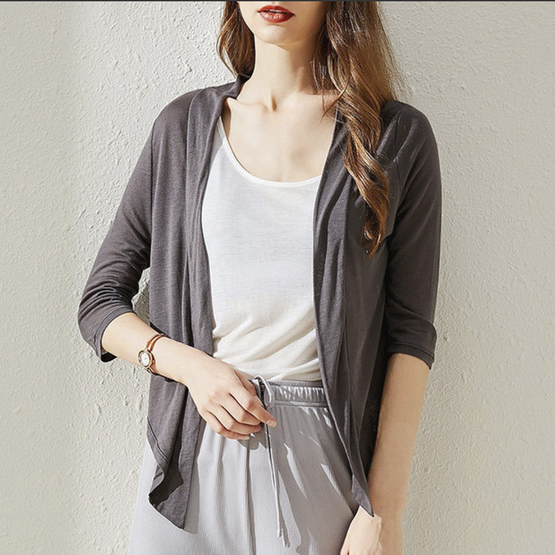 丁摩 夏季天丝羊毛超细薄款空调衫针织小开衫M20·茶灰色