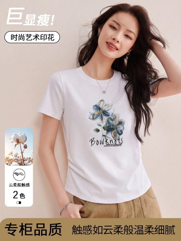 【90新疆棉】修娴艺术花朵修身T恤W121·黑色