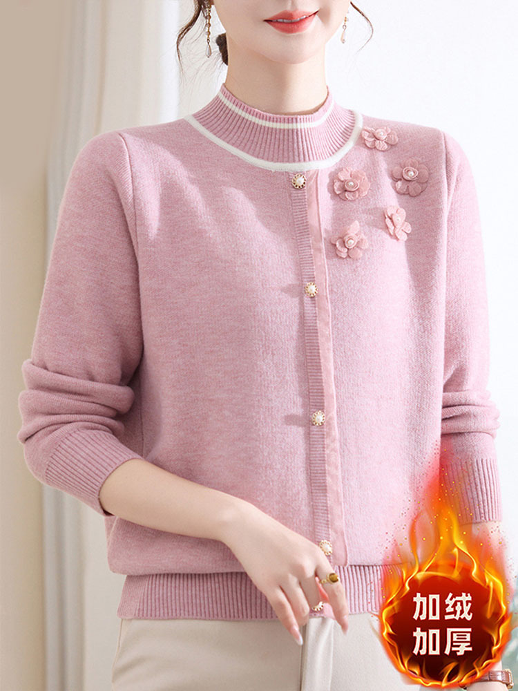 时尚珠花一体绒加厚保暖气质百搭半高领针织衫·红色加绒