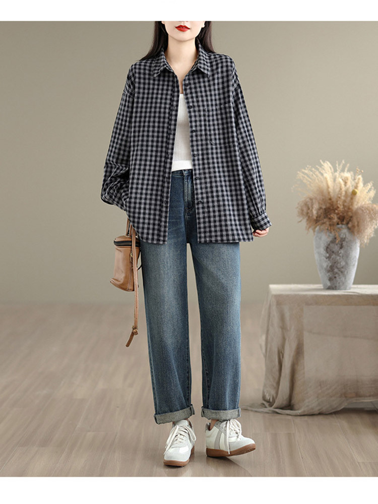 新款棉质格子宽松大码气质百搭长袖衬衫·浅蓝色