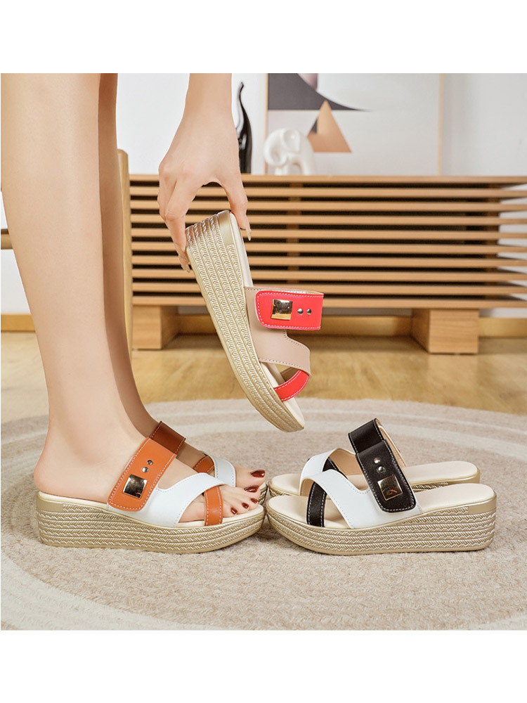 舒适真皮时尚撞色魔术贴厚底凉拖鞋·红色