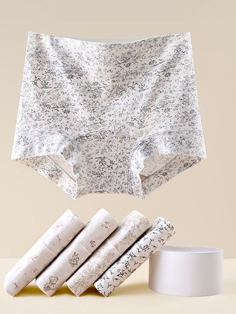 丁摩 【4条】碎花纯棉平角内裤女10A加长裆高腰CM-22·【4条】碎花纯棉平角内裤