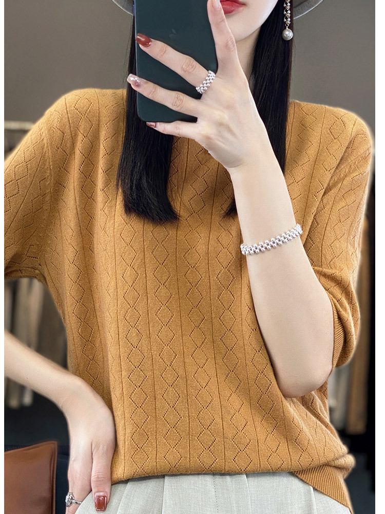 【新款特价】羊毛菱格镂空遮肉显瘦气质百搭中袖上衣·祖母绿