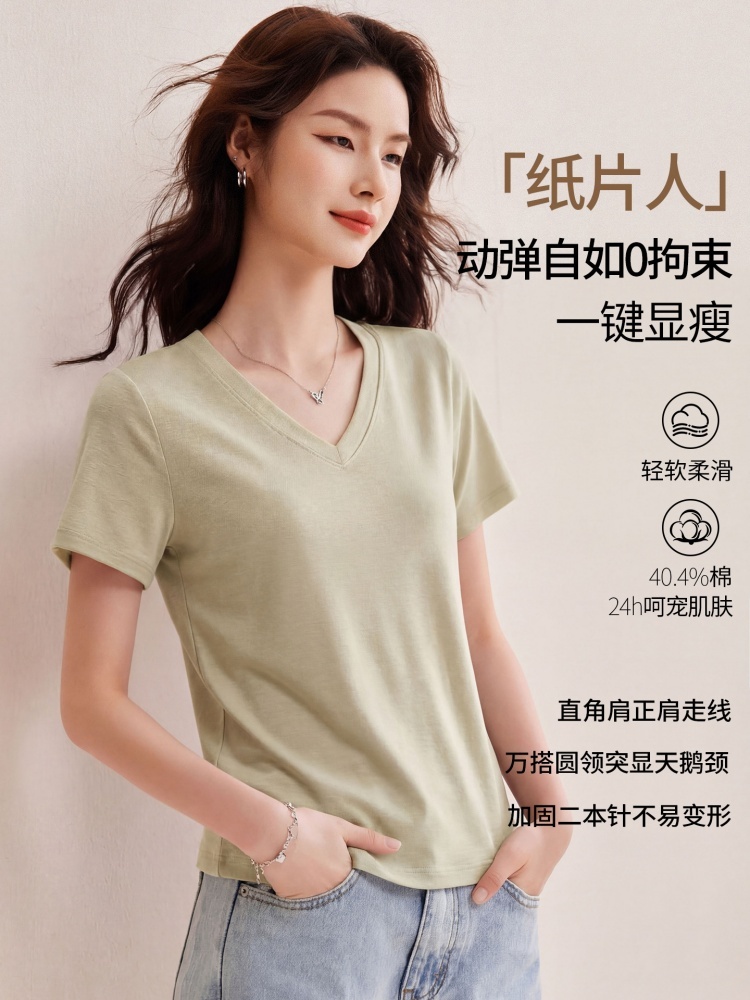 【兰精莫代尔】修娴舒弹V领短袖T恤W49·暮岩灰