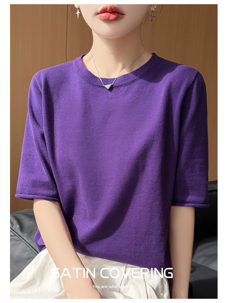 【100纯棉】新款时尚卷边宽松五分袖显瘦针织短袖·紫色