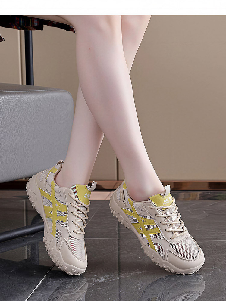 新款撞色网面软弹舒适增高防滑休闲运动鞋·米黄（PE拉链袋装）