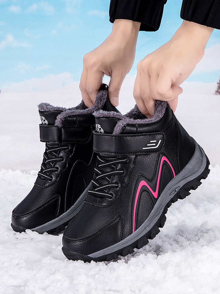 冬季加绒雪地靴抗寒保暖光面棉鞋户外加厚健步鞋DY-2239·黑玫红