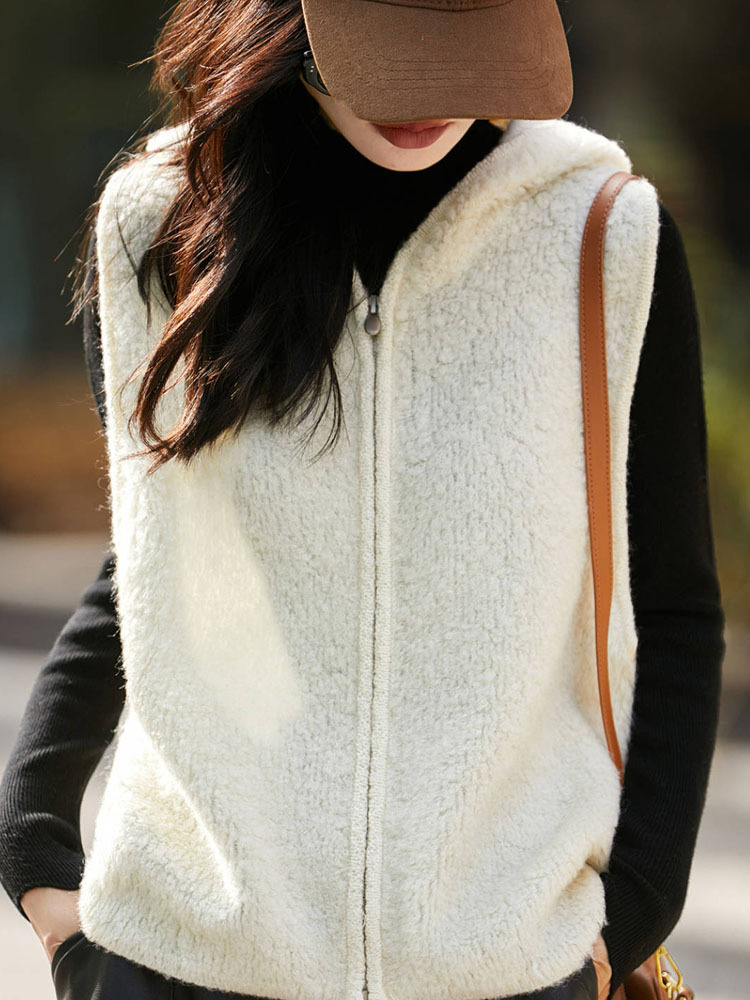 丁摩 100纯羊毛马甲女外搭拉链连帽背心 PY-5158·米色