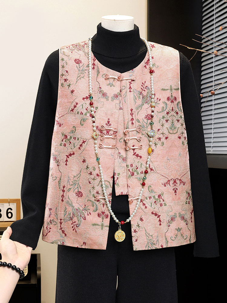 新款国风提花盘扣气质减龄马甲·粉色