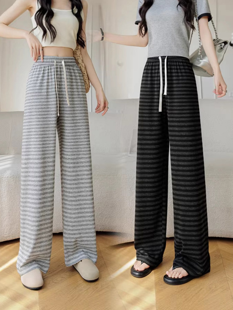 新款棉质条纹慵懒风松紧高腰阔腿显瘦休闲裤·黑色