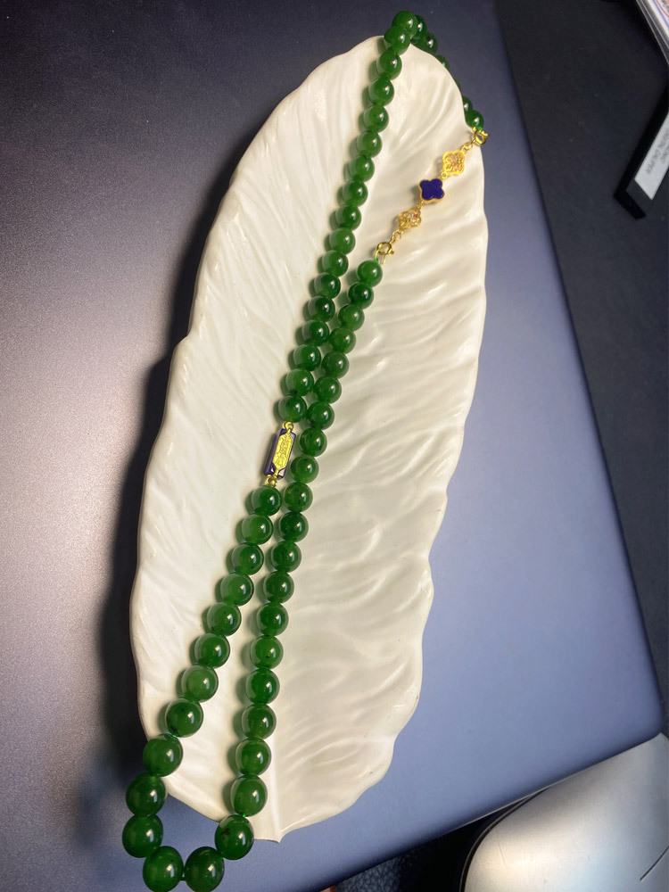 卡世曼-和田玉碧玉老料红皮菠菜绿原创青金石项链