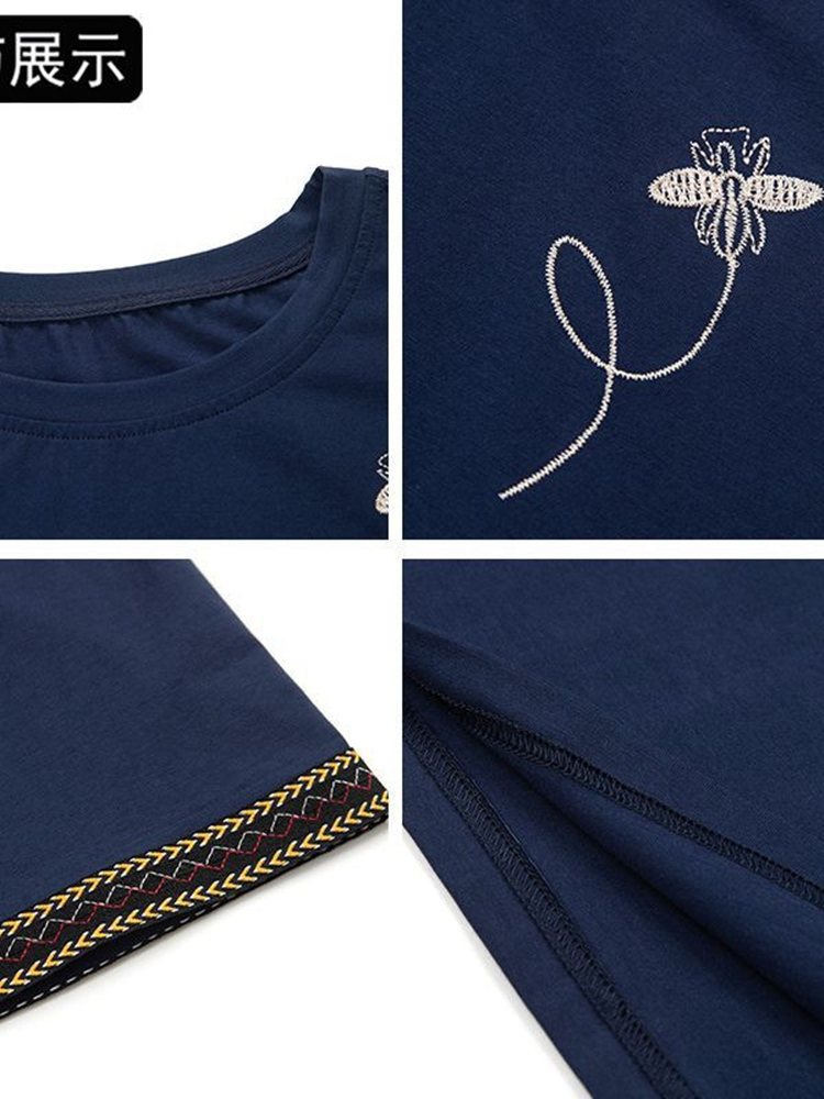唐娜夫人高支纯棉刺绣七分袖圆领T恤T23B-XW6917·深蓝色