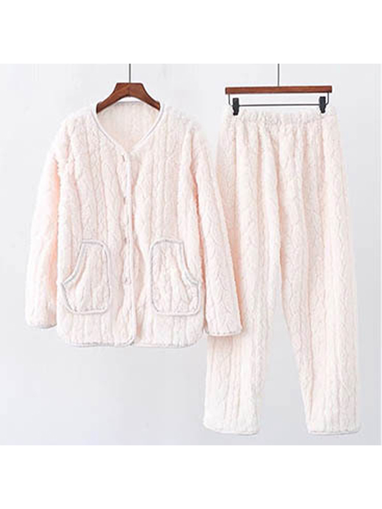 亏本清仓 V领【珊瑚绒/开衫款】家居服套装·米白色