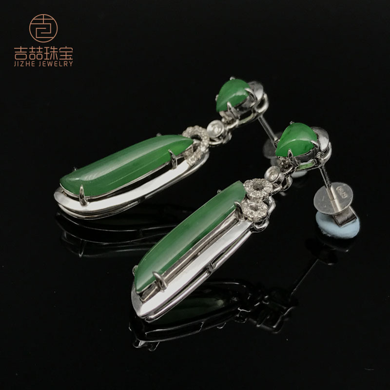 吉喆 18K金设计款满绿钻石翡翠耳环0236·18K金/翡翠/钻石