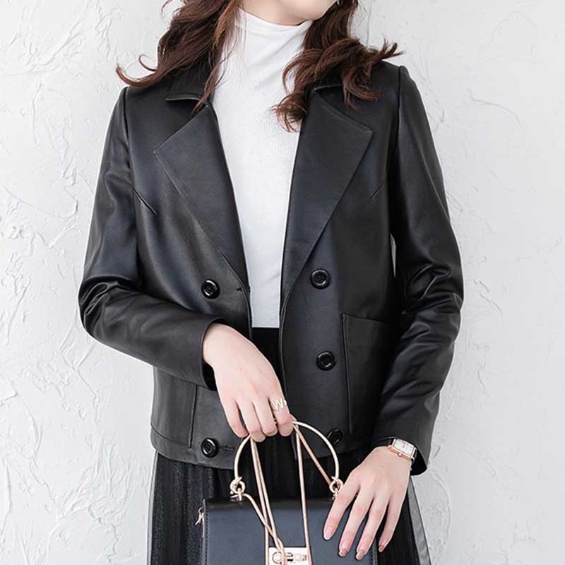 米彩微姿 2021韩版西装款时尚休闲真皮皮衣H305·黑色