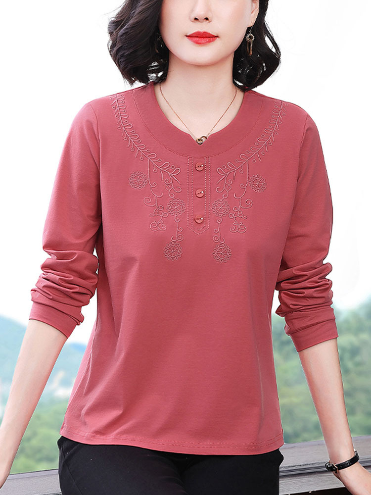 【95纯棉】新款刺绣宽松显瘦百搭圆领长袖上衣·西瓜红