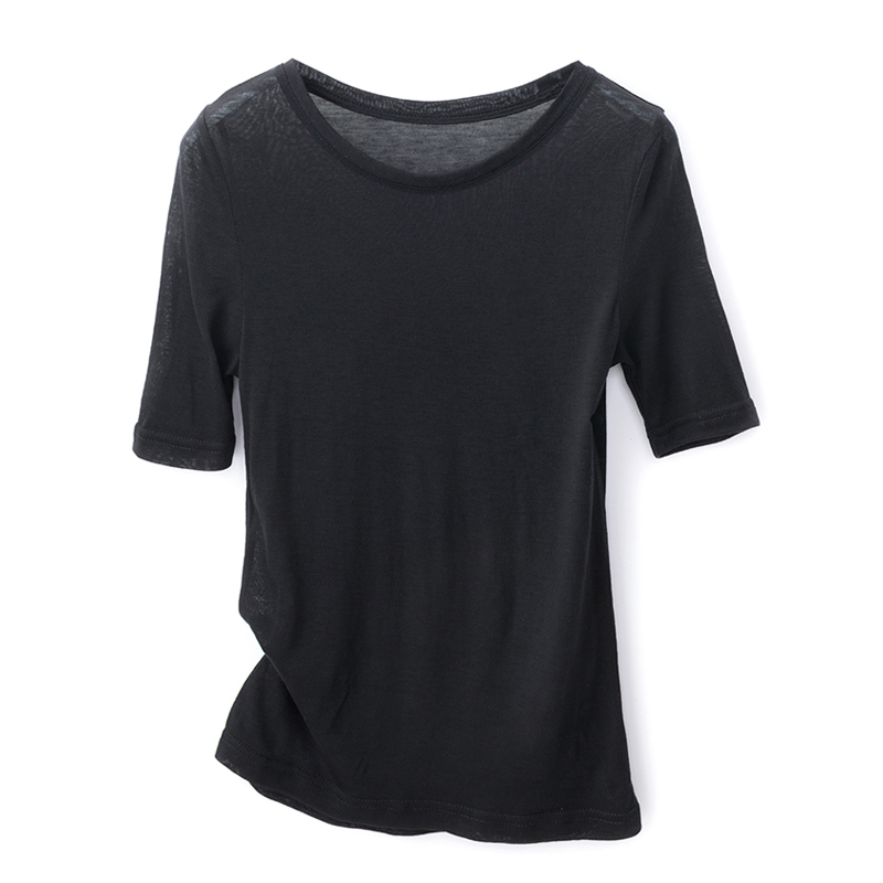 丁摩 天丝羊毛超细薄款针织圆领T恤夏季女士上衣M16·黑色