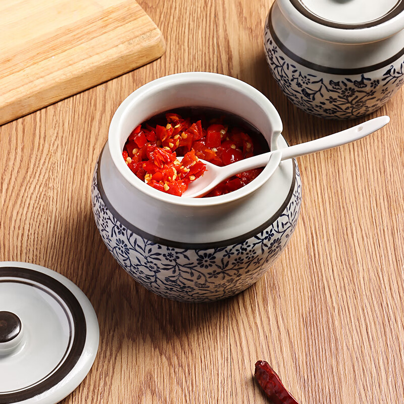 日式陶瓷猪油罐家用耐高温辣椒油罐带盖勺调料罐糖罐盐罐·景泰蓝