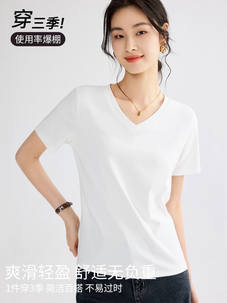 【绒感高弹】修娴简约正肩V领T恤M710·白色