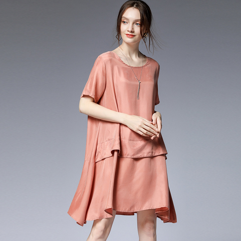 2019夏季瑅艾大码时尚宽松遮肉铜氨丝连衣裙（五色可选）·粉色
