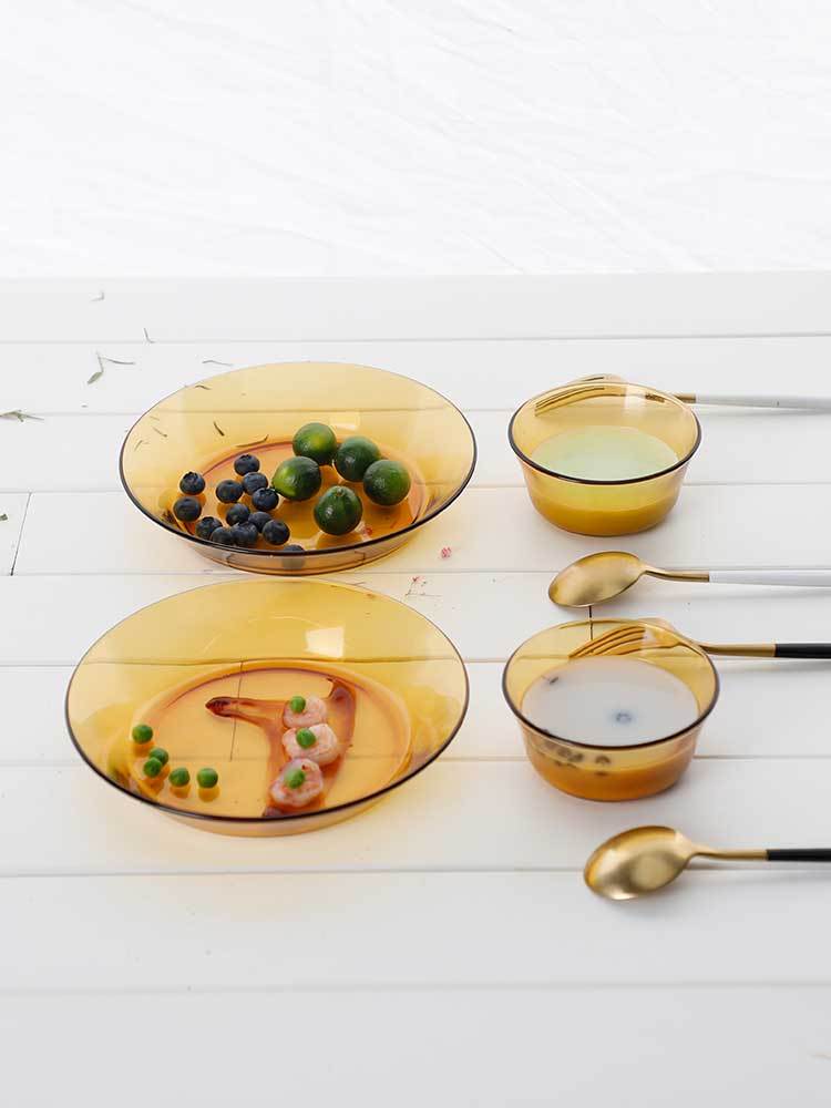 法国DURALEX钢化玻璃餐具琥珀色汤碗鱼盘ins风牛排盘汤碗双人四件