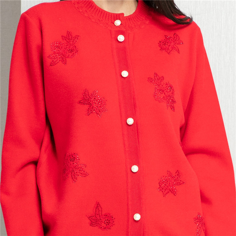 纤丝鸟超柔暖绒女士暖绒开衫上衣-中国红