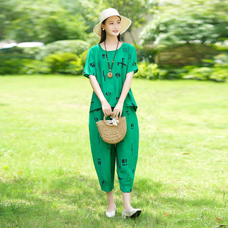 【2件套 清仓款】时尚冰丝字母印花洋气减龄套装·绿色【套装】