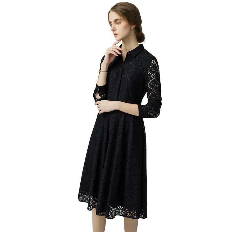 丁摩 新款长袖蕾丝连衣裙真丝棉里衬收腰显瘦气质中长衬衫裙女19-051·黑色