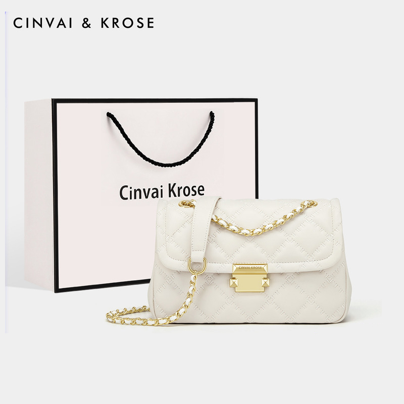 CinvaiKrose 包包女斜挎包真皮单肩大容量链条包女包B6445·米白色